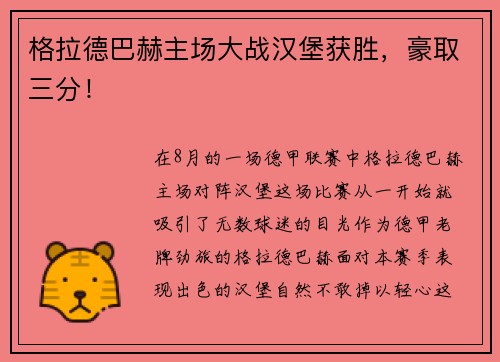格拉德巴赫主场大战汉堡获胜，豪取三分！