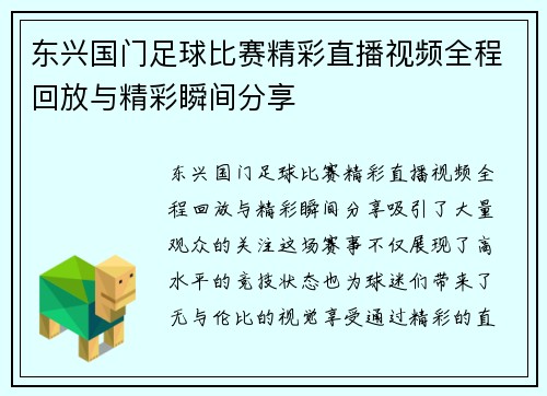 东兴国门足球比赛精彩直播视频全程回放与精彩瞬间分享